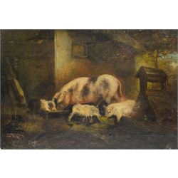 English Naive Primitive School (19th century): Pigs and Piglets outside a Sty, oil on canvas unsigned 35cm x 51cm (unframed)