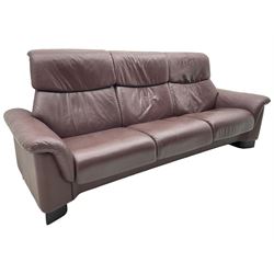 Ekornes Stressless - three-seat sofa upholstered in chocolate brown leather, with high backrests, cushioned headrests, and manual reclining mechanism (L248cm, D84cm, H102cm); with matching two-seat sofa (L184cm, D84cm, H102cm)