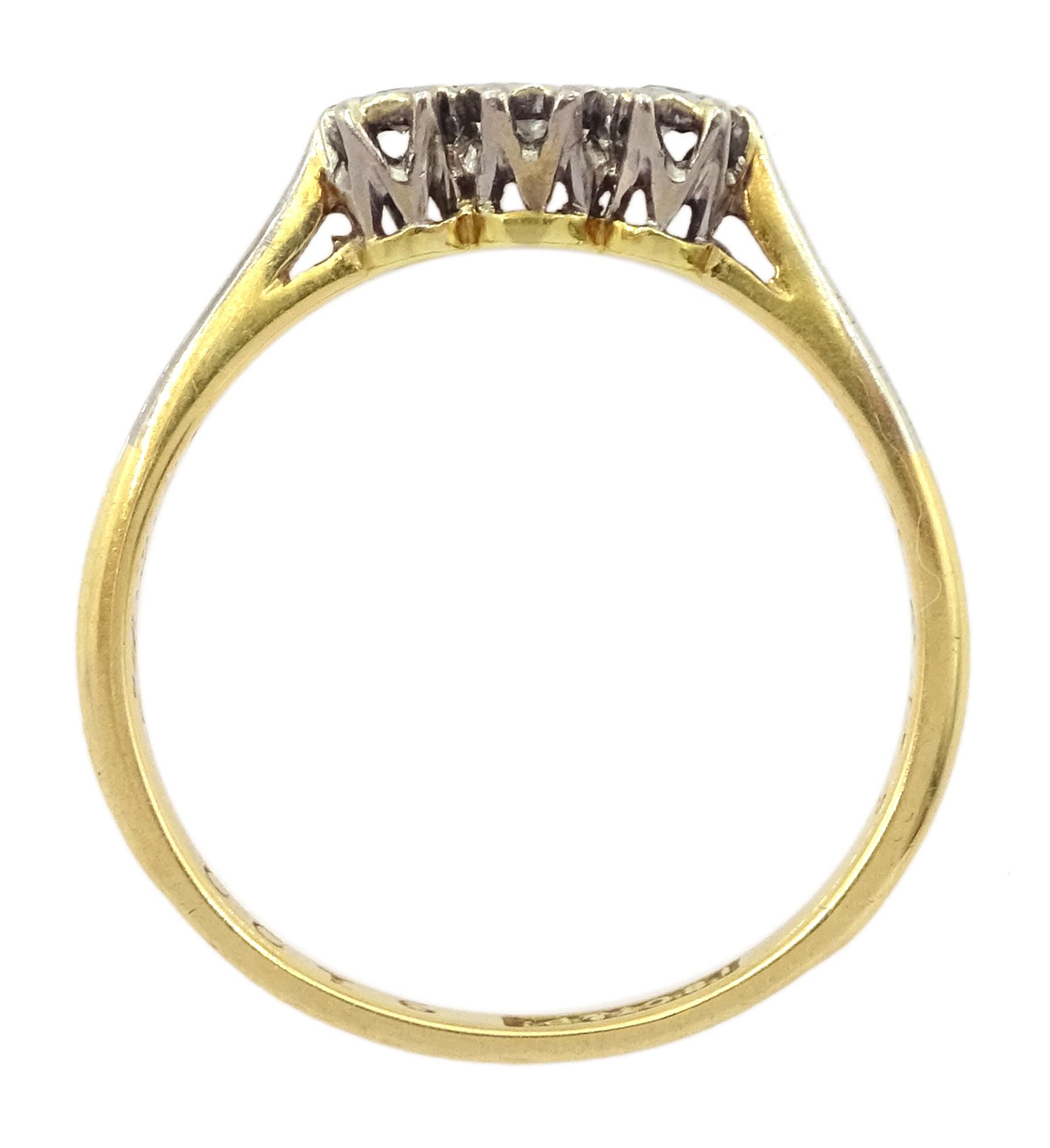 Mid 20th century gold three stone single cut diamond ring, stamped 18ct & PT