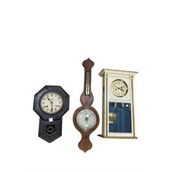 Two 19th century wall clocks and a Victorian barometer.