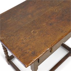 17th century oak side table, two plank rectangular top over single drawer, on bobbin-turned supports united by stretchers 