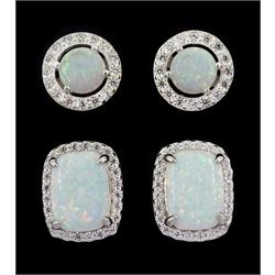 Two pairs of silver opal and cubic zirconia stud earrings, stamped 925