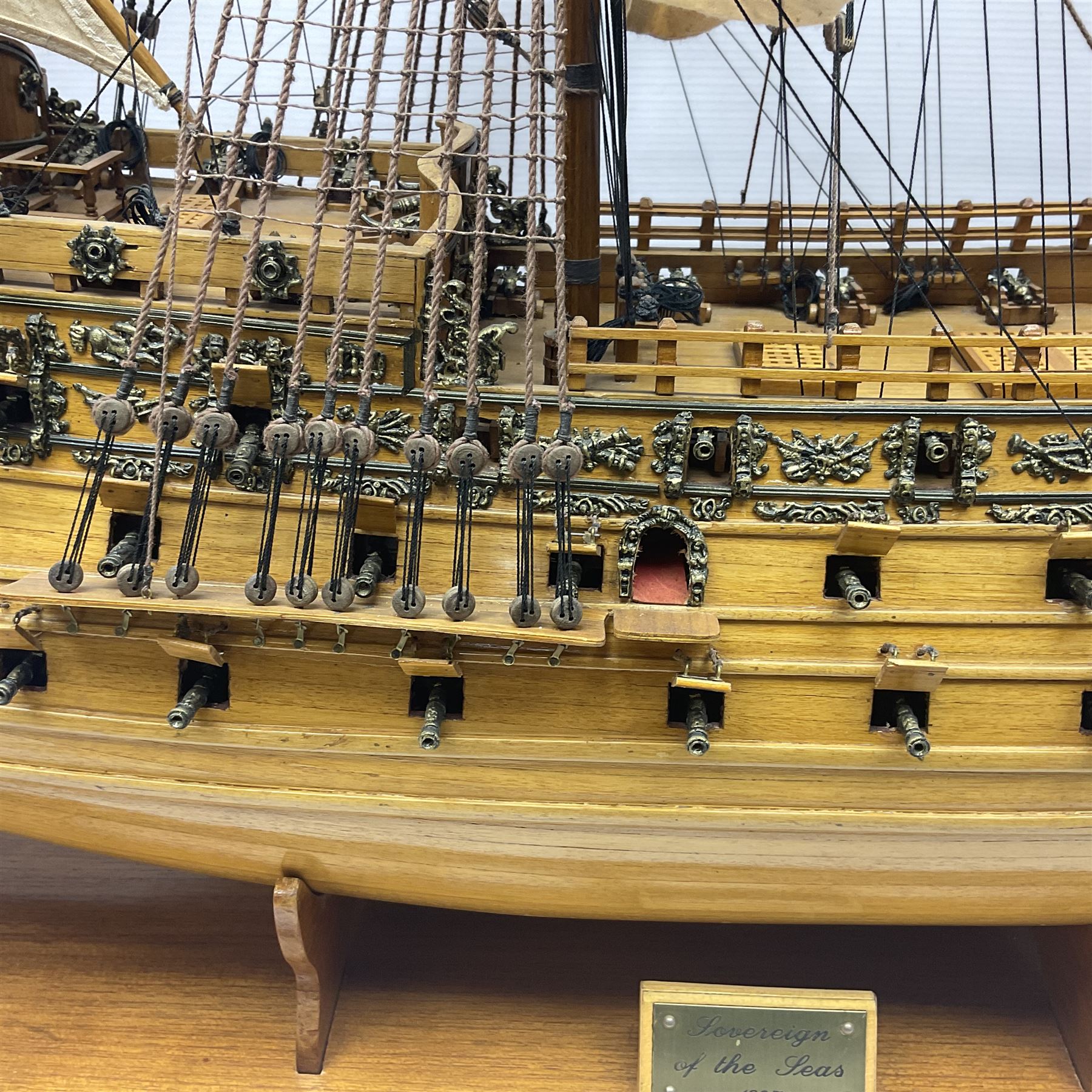 Large kit built scale model of 17th century Royal Navy warship 'HMS Sovereign of the Seas', upon wooden stand with engraved name plaque, H91cm, W111cm