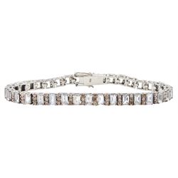 Silver emerald cut aquamarine and round brilliant cut diamond bracelet, stamped 925, total...