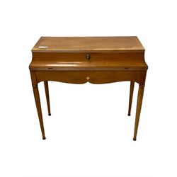 French design cherry wood dressing table, reed moulded hinged lid reveals mirror back, central compartment with lid and divisions, on turned supports