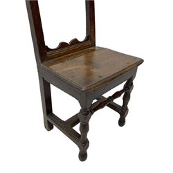 Small late 17th century oak side chair, open frame back with shaped upper and lower brackets, moulded plank seat, on turned supports united by moulded H-shaped stretchers