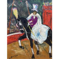 Roland Dubuc (French 1924-1998): Equestrian Circus Performer, mixed media on paper signed and dated 1960, 62cm x 47cm
Notes: Dubuc after having divorced, left for Le Havre where he met the painters Friboulet and Pailhes. He sold a few paintings at the HAMON gallery and lived from day to day doing a bit of everything to survive, including circus clown (which had been his father's profession)  
 
