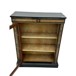 Victorian ebonised and walnut pier cabinet, rectangular top over figured frieze with central star motifs, enclosed by single glazed door, decorated with cast gilt metal mounts and beading, on chamfered plinth base 