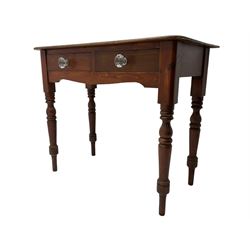 Victorian stained pine side table, fitted with two drawers with glass handles, raised on turned supports