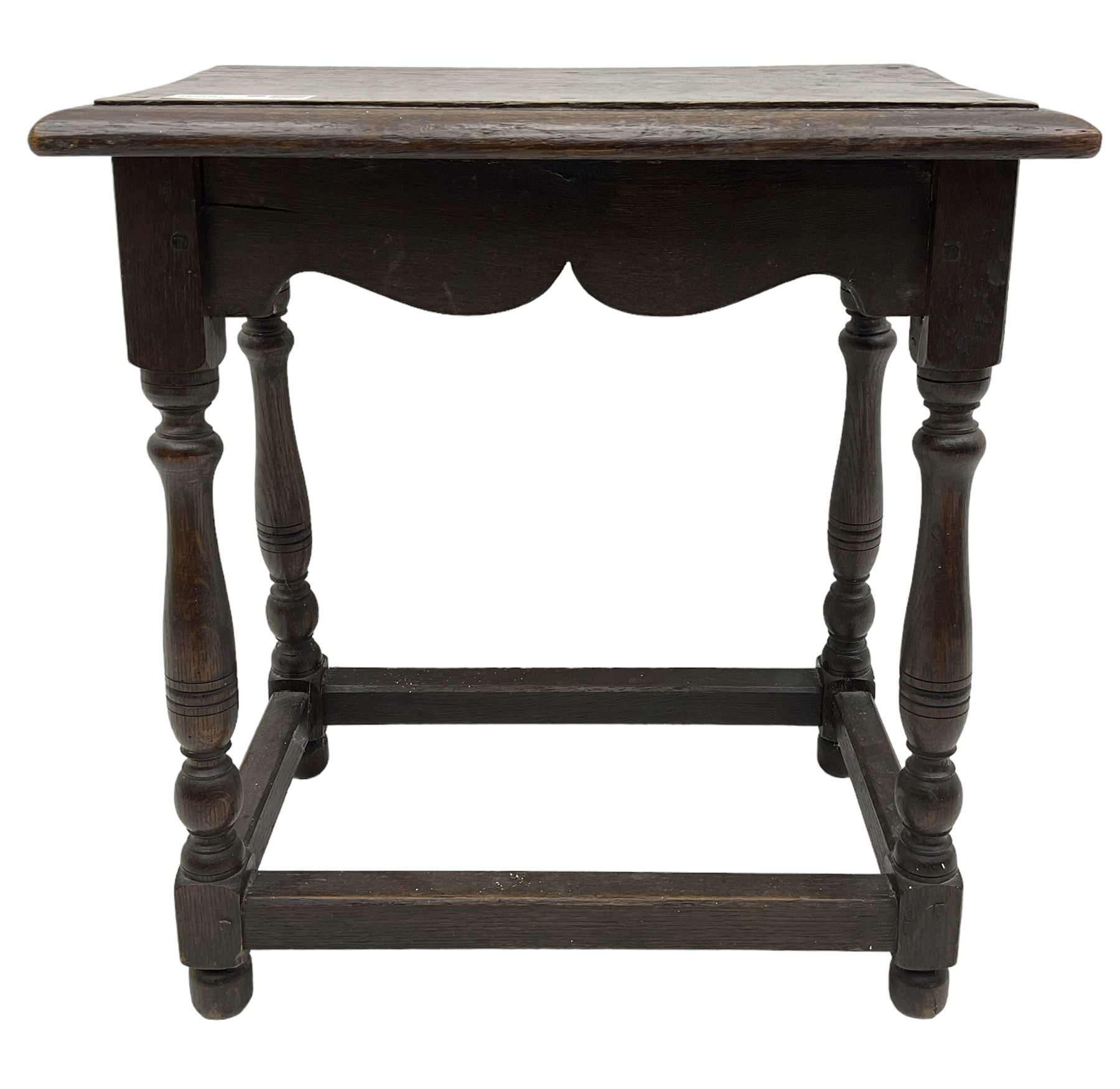 17th century design oak joint stool, moulded rectangular top on turned supports united by plain stretchers 