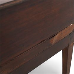 19th century converted square piano side table, rectangular moulded top over two drawers, on square tapering supports united by plain H-stretchers 