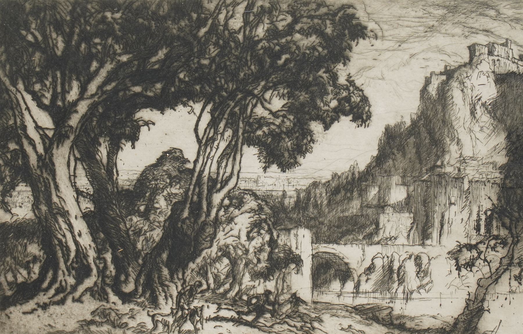 Sir Frank William Brangwyn RA RWS RBA (British 1867-1956): 'A Romantic Landscape', etching signed in pencil 17cm x 25cm