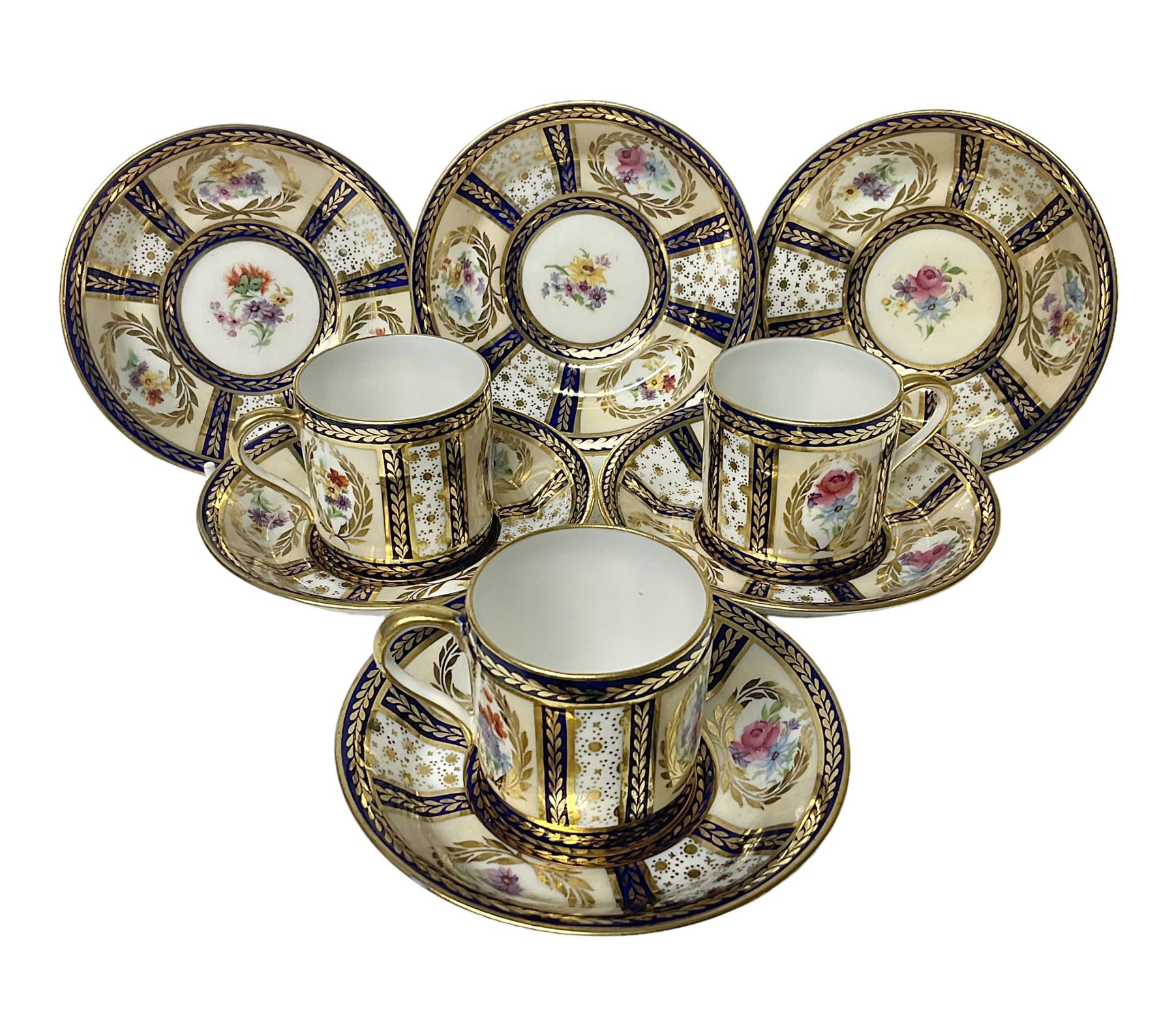 Paragon thee coffee cans and saucers, painted in gilt and colours with flowers, Paragon set of six coffee cups and saucers, 'Reproduction of Service accepted by Her Majesty Queen on her visit to the potteries, with three matching saucers