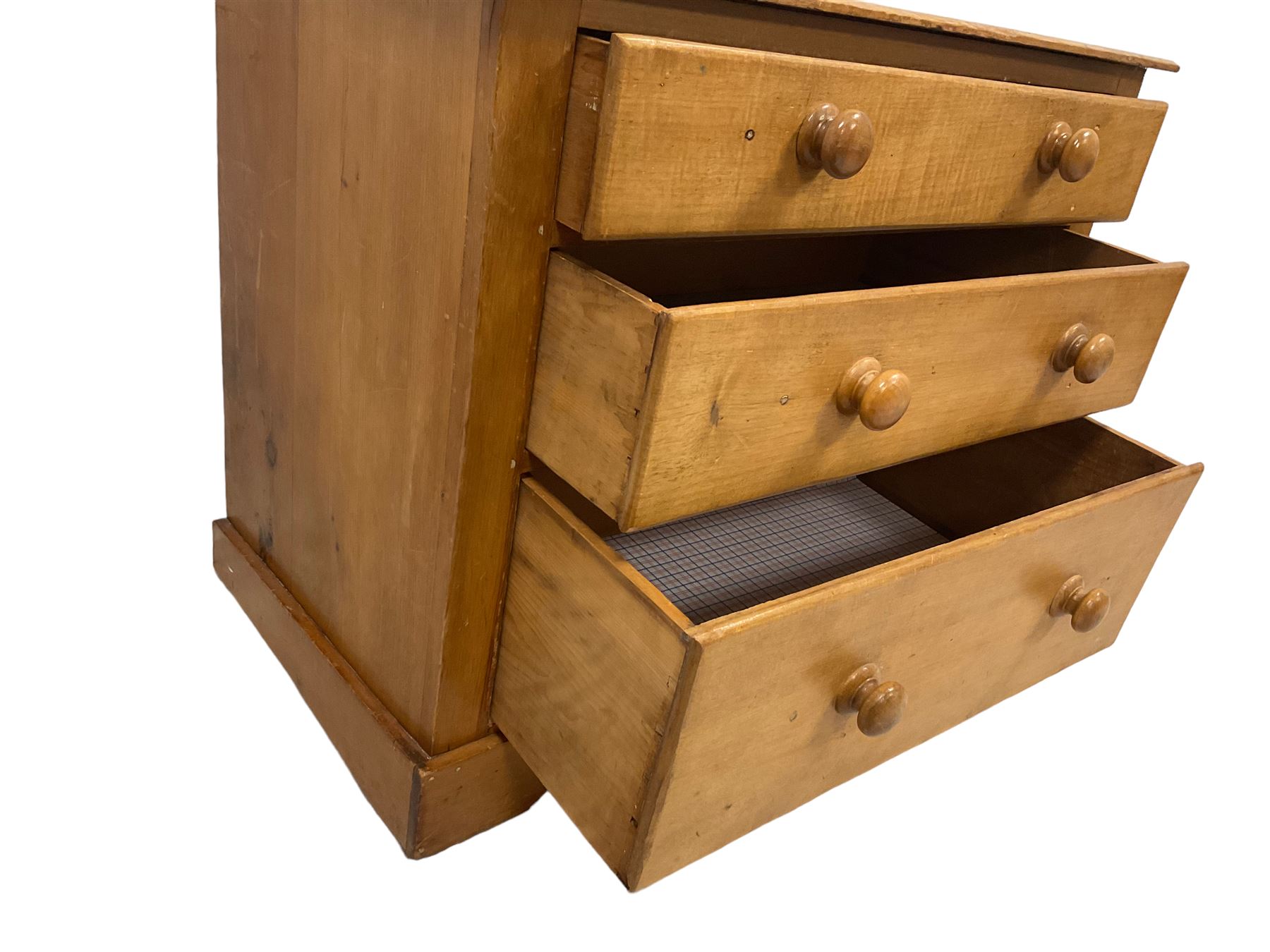 Victorian pine and satinwood chest, fitted with three graduating drawers, on skirted base with castors