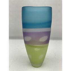 Stuart Akroyd glass vase, matte blue, green and purple bands, with bubble inclusions H28.3cm