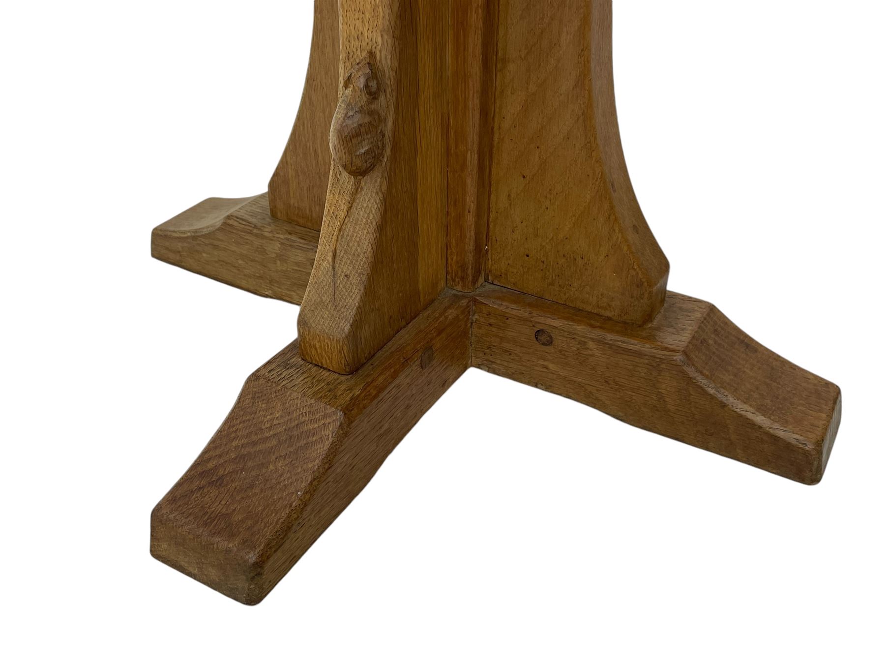 Mouseman - oak occasional table, octagonal adzed top, cruciform pedestal on sledge feet, carved with mouse signature, by the workshop of Robert Thompson, Kilburn 