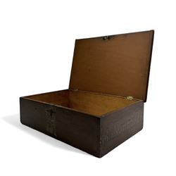 Wooden storage box, with hinged lid, marked Manchester to one side, H11cm, L38cm, D25cm 