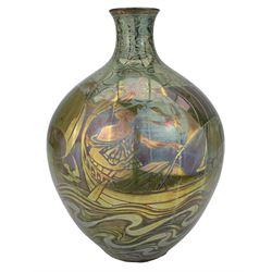 Pilkington's Royal Lancastrian Sea Maiden vase, by Walter Crane and William Slater Mycock, on a blue ground, impressed mark 1905-1913, cyphers for Walter Crane and William Slater Mycock, no 2472, H25.5cm (restored)