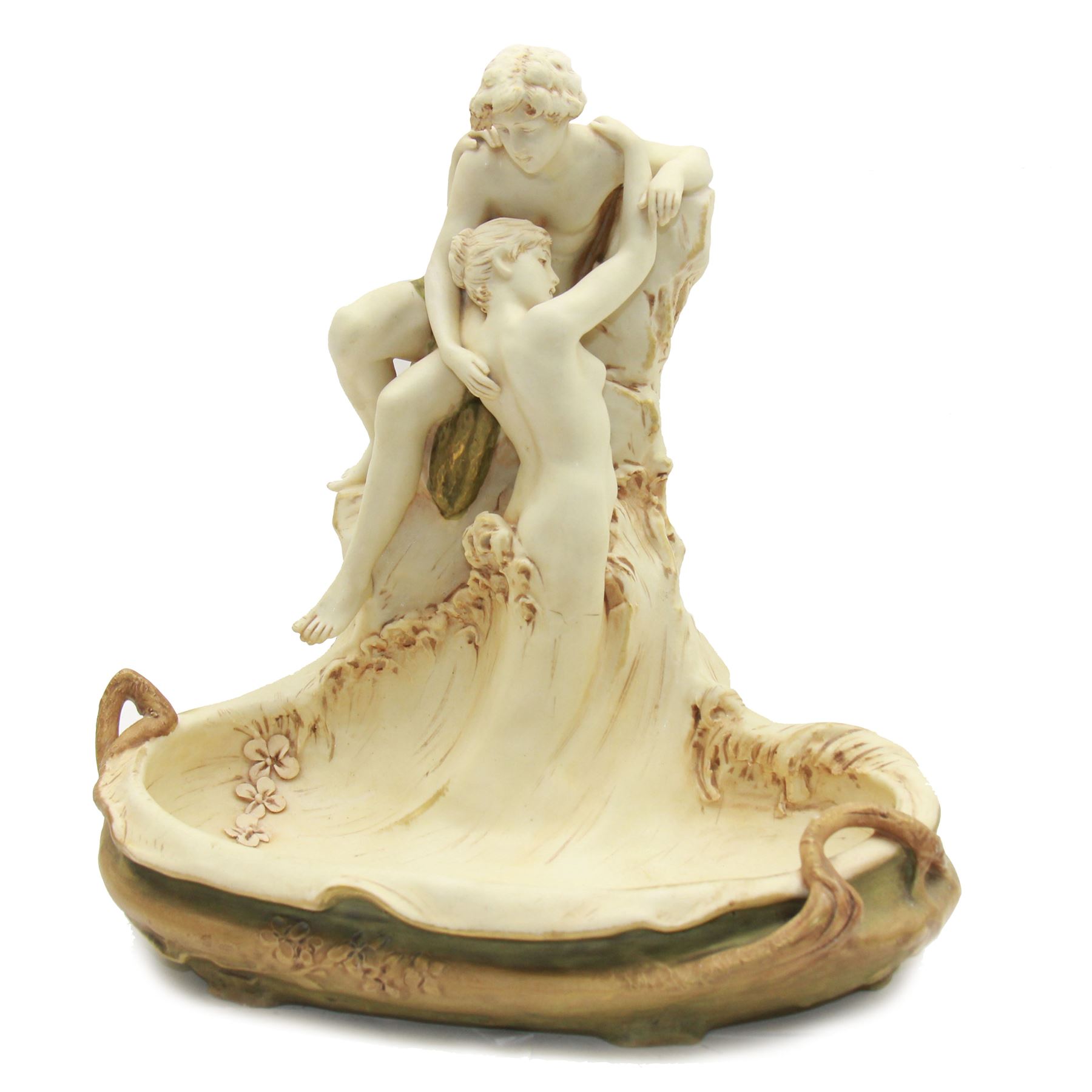 Early 20th Century Royal Dux Art Nouveau centre piece, modelled by Alois Hampel as a nude female figure emerging from the water into the arms of her lover, the whole in cream heightened with green and gilt, incised Hampel verso, with applied pink triangle mark and impressed 1119 beneath, H31cm