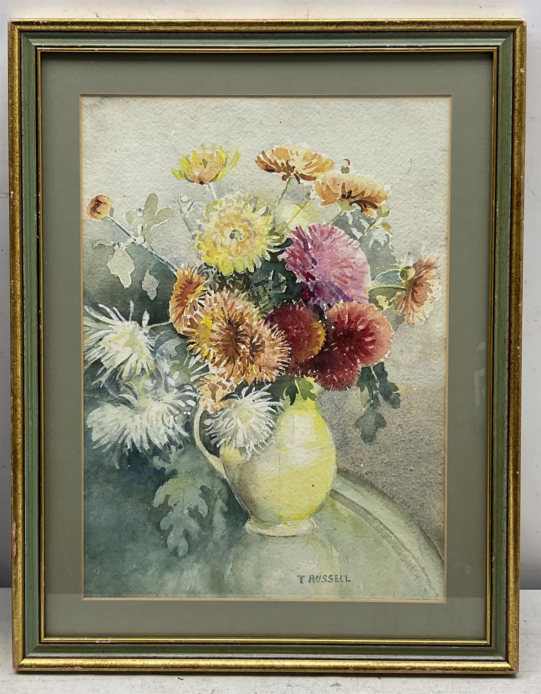 R Wiseman (British Contemporary): 'Spa Bridge and Grand Hotel Scarborough', watercolour and ink signed titled and dated 2009, 40cm x 50cm; T Russell (British 20th century): Still Life with Chrysanthemums, watercolour signed 27cm x 38cm (2)