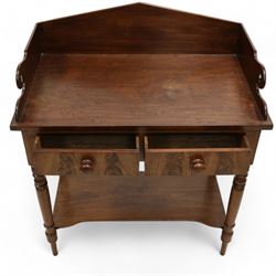 Early Victorian mahogany wash stand, pointed and sloped arch back with shaped and pierced scroll returns, rectangular top over two drawers, on turned supports united by undertier 