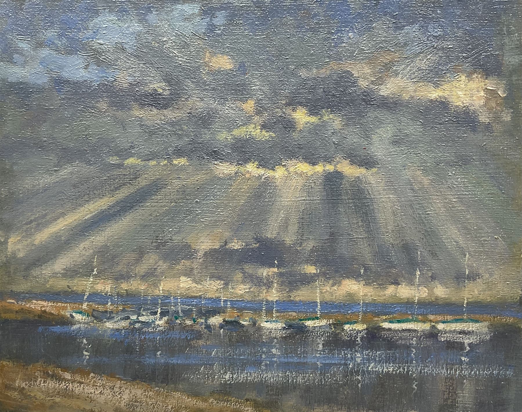 William Burns (British 1923-2010): 'Evening: Burnham Overy Staithe - Norfolk', oil on board unsigned, titled verso 21cm x 26cm (unframed) Provenance: Direct from the family of the artist. Notes: Born in Sheffield in 1923, William Burns RIBA FSAI FRSA studied at the Sheffield College of Art before the outbreak of the Second World War, during which he helped illustrate the official War Diaries for the North Africa Campaign, and was elected a member of the Armed Forces Art Society. On his return, he studied architecture at Sheffield University and later ran his own successful practice, being a member of the Royal Institute of British Architects. However, painting had always been his self-confessed 'first love', and in the 1970s he gave up architecture to become a full-time artist, having his first one-man exhibition in 1979.
