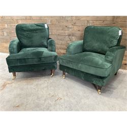 Pair of Howard design armchairs, upholstered in jade green velvet fabric