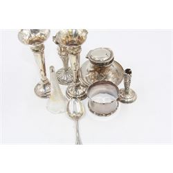 Group of silver to include two trumpet vases, inkwell, napkin ring, spoon, etc, all hallmarked