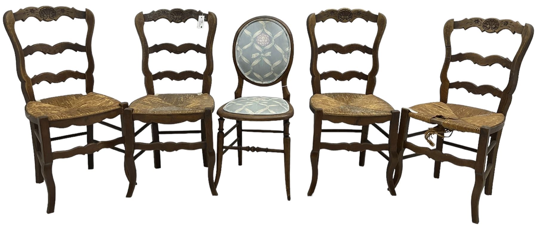 Set of four French hardwood dining chairs, the shaped cresting rail varved with shell, rush seat, on cabriole supports; Victorian beech cameo back chair 