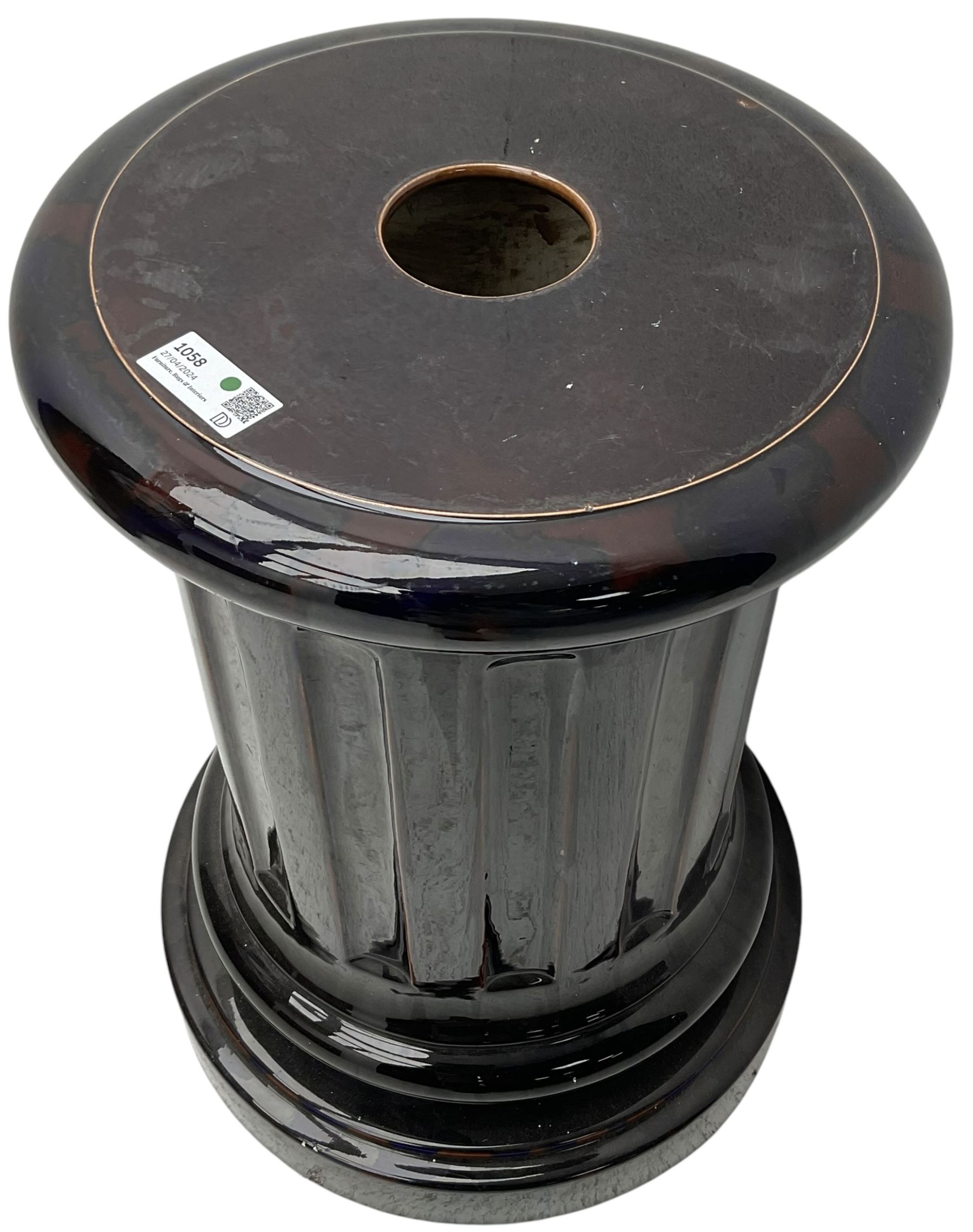 Late 19th to early 20th century Sarreguemines red and blue glazed pedestal stand, with fluted column and circular stepped base 