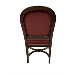 20th century French design mahogany fauteuil armchair, moulded and beaded framed, upholstered in pink fabric, rolled arms over acanthus leaf carved supports, on turned and fluted front supports united by curved X-framed stretcher 