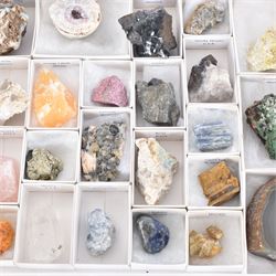 Collection of twenty-three mineral specimens, including orange calcite, realgar, conichalcite etc 
