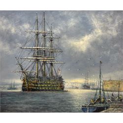 Jack Rigg (British 1927-2023): 'Ship of the Line - Nelson's Navy', oil on canvas board signed, titled and dated 2007 verso 44cm x 53cm