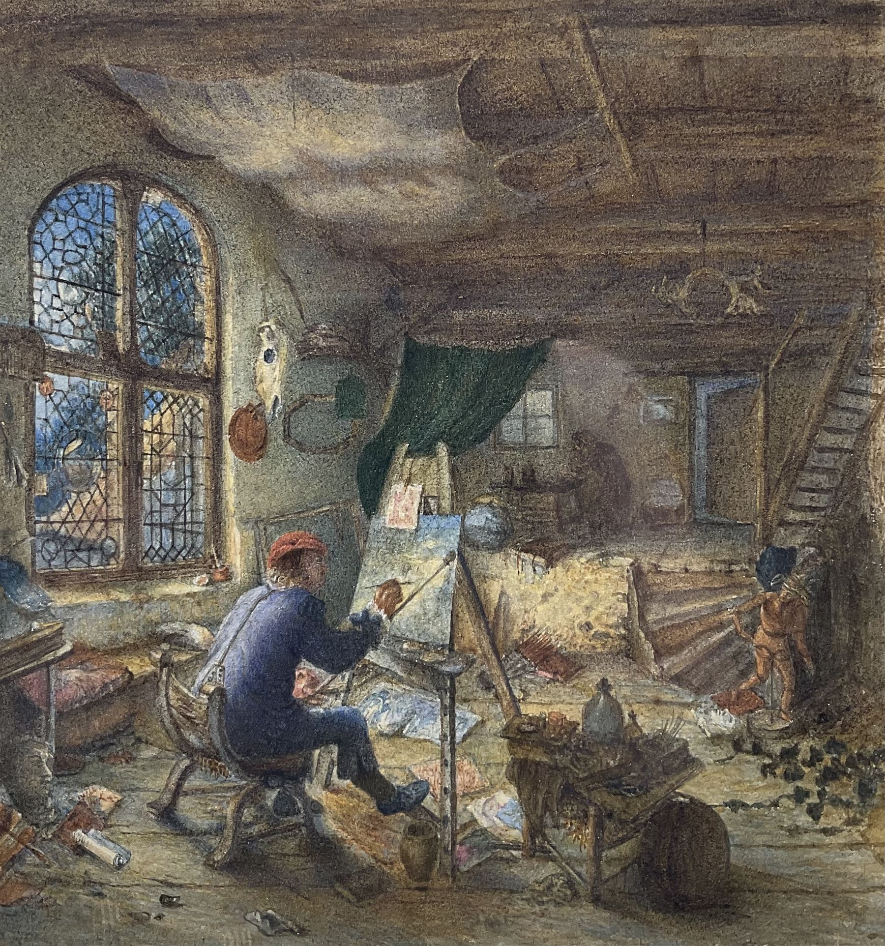 After Adriaen Jansz van Ostade (Dutch 1610-1685): 'The Painter in His Studio', 19th century watercolour unsigned 22cm x 21cm