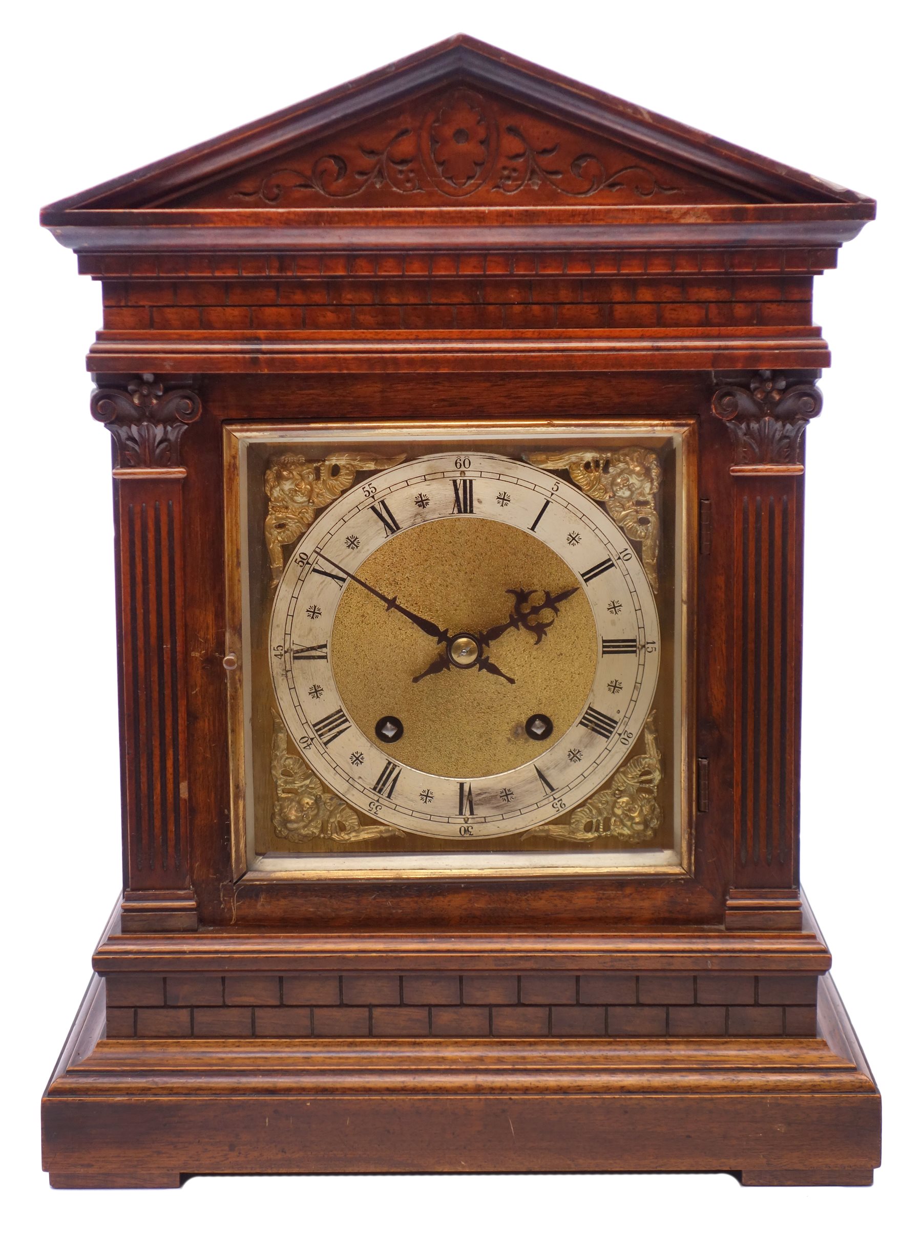 Edwardian walnut Architectural cased mantel clock, square brass dial ...