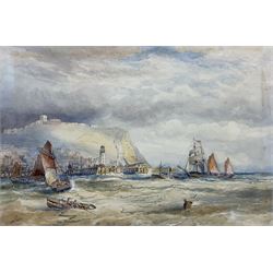 Robert Ernest Roe (British 1852-c.1921): Paddle Steamer and Sailing Vessels outside Scarborough Harbour, watercolour with scratching out signed 25cm x 37cm 