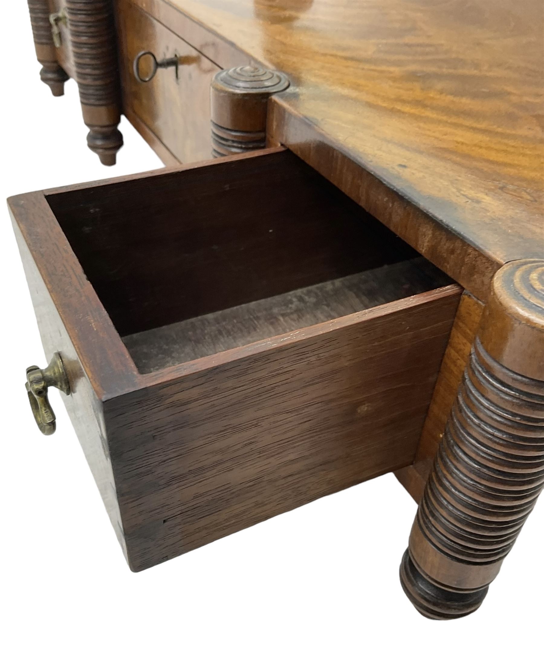 19th century mahogany dressing table mirror, rectangular plate, fitted with three trinket drawers, on ring turned uprights and supports