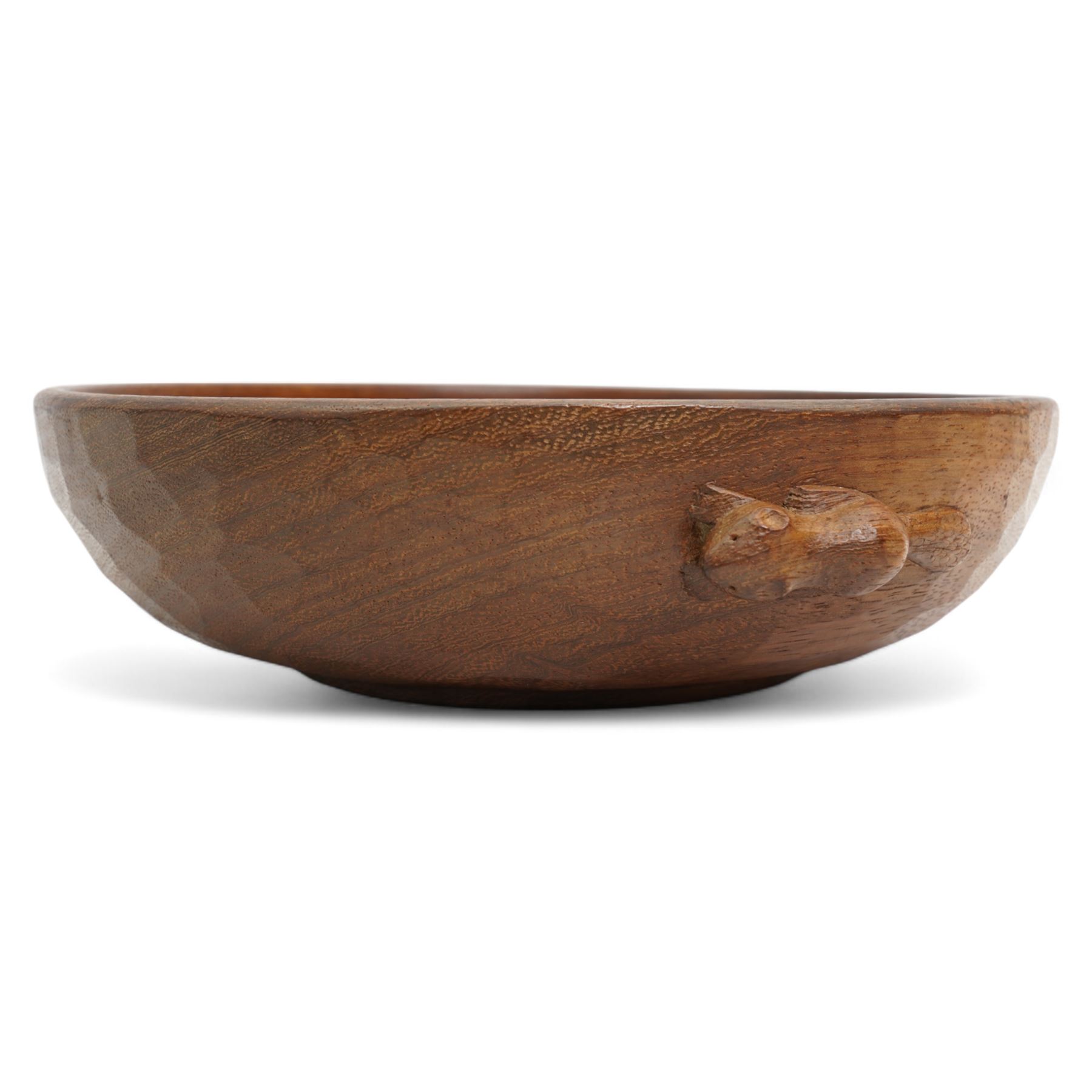 Beaverman - mahogany circular fruit bowl, tooled outer edge carved with beaver signature, by Colin Almack, Sutton-under-Whitestone Cliffe, Thirsk