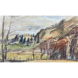 Marjorie Arnfield MBE (Northern British 1930-2001): 'March Landscape', mixed media unsigned, titled verso, together with two signed prints by the same artist 29cm x 47cm (3)