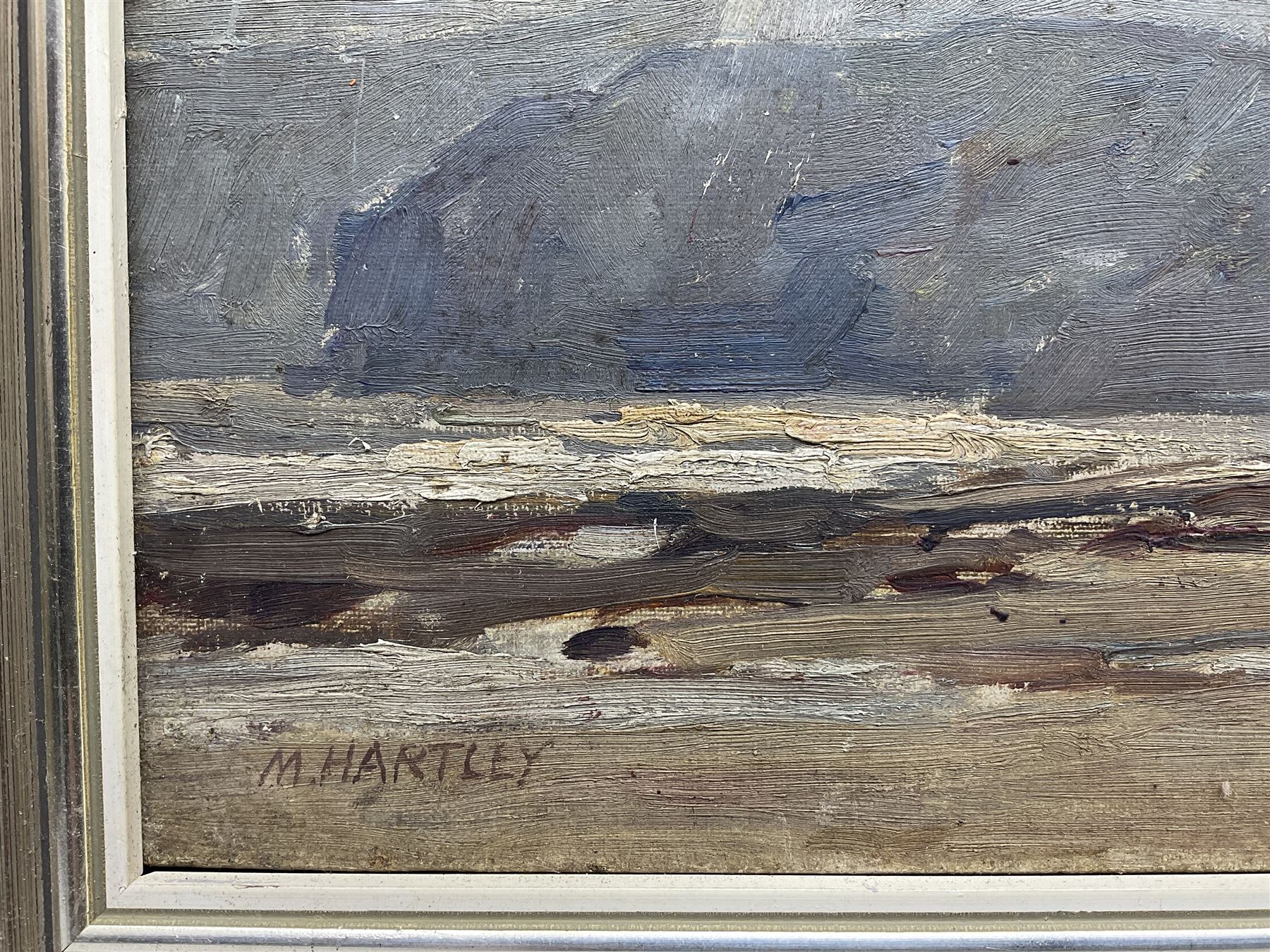 Marie Hartley (Yorkshire 1905-2006): 'Cliffs near Robin Hood's Bay', oil on canvas signed, titled on printed label verso 25cm x 35cm