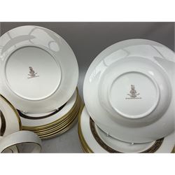 Royal Doulton Harlow pattern tea and dinner service for ten, consisting tea pot, coffee pot, milk jug, open sucrier, cups and saucers, dessert plates, dinner plates, soup bowls, side plates, sauce boat, covered serving dishes, meat plate (67)