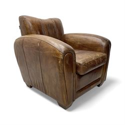 Rockson - club armchair, dished cresting rail over curved arms, upholstered in brown stitched leather, on block feet