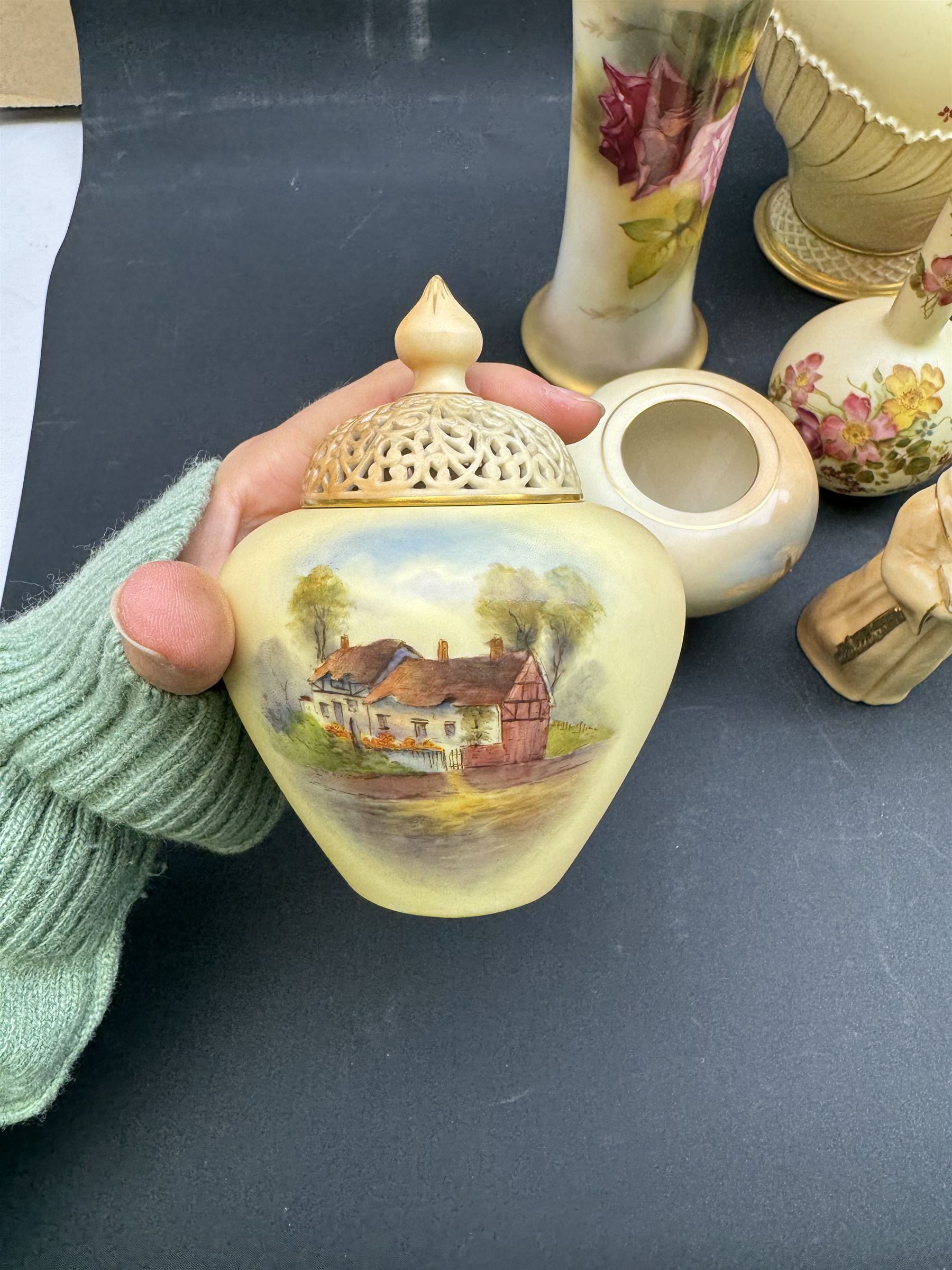 Collection of Royal Worcester Blush Ivory, including candle snuffer modelled as a monk, bamboo vase, twin handled vase etc (12)