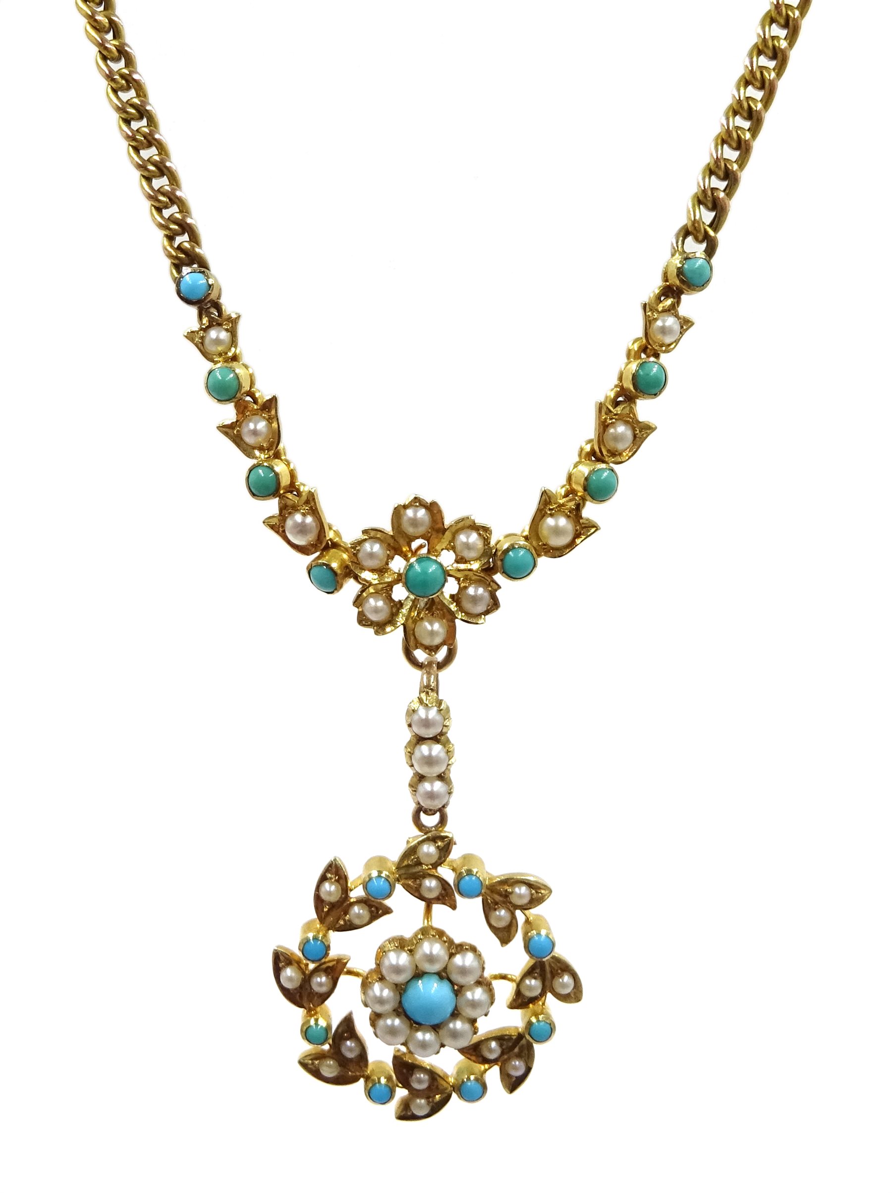Edwardian 15ct gold turquoise and split pearl pendant necklace ...