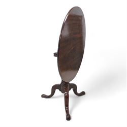 Large George III mahogany tripod table, circular single-piece tilt-top on turned baluster pedestal, three out splayed supports 