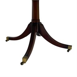 RBC Furniture (Made in England) - Georgian design mahogany dining table, rectangular top with rounded corners, satinwood and burr walnut bandings, two D-ends with two additional leaves and support rails, on barrel turned pedestals with four out-splayed reeded supports, brass cups and castors 