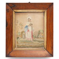 Late 18th century silkwork picture, depicting a shepherdess and lamb, in rosewood frame, later inscribed 'worked in 1792 by Hannah Price' verso overall 31cm x 27cm; together with a Victorian framed needle sampler, with 'Jesus permit thy gracious name' verse, dated 1843, in birds-eye maple frame, overall 41cm x 38cm (2)