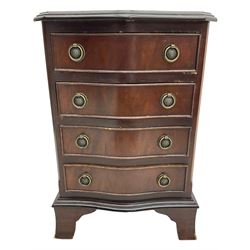 Georgian design mahogany bow front chest of drawers, four cock-beaded drawers with brass ring handles, raised on bracket feet