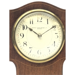 Art Nouveau inlaid mahogany serpentine top mantel timepiece, the  convex white enamel Arabic dial signed 'Manoah Rhodes & Sons. Ltd. Bradford', with brass bezel and key wind movement, on plinth base with brass ball feet, H26cm