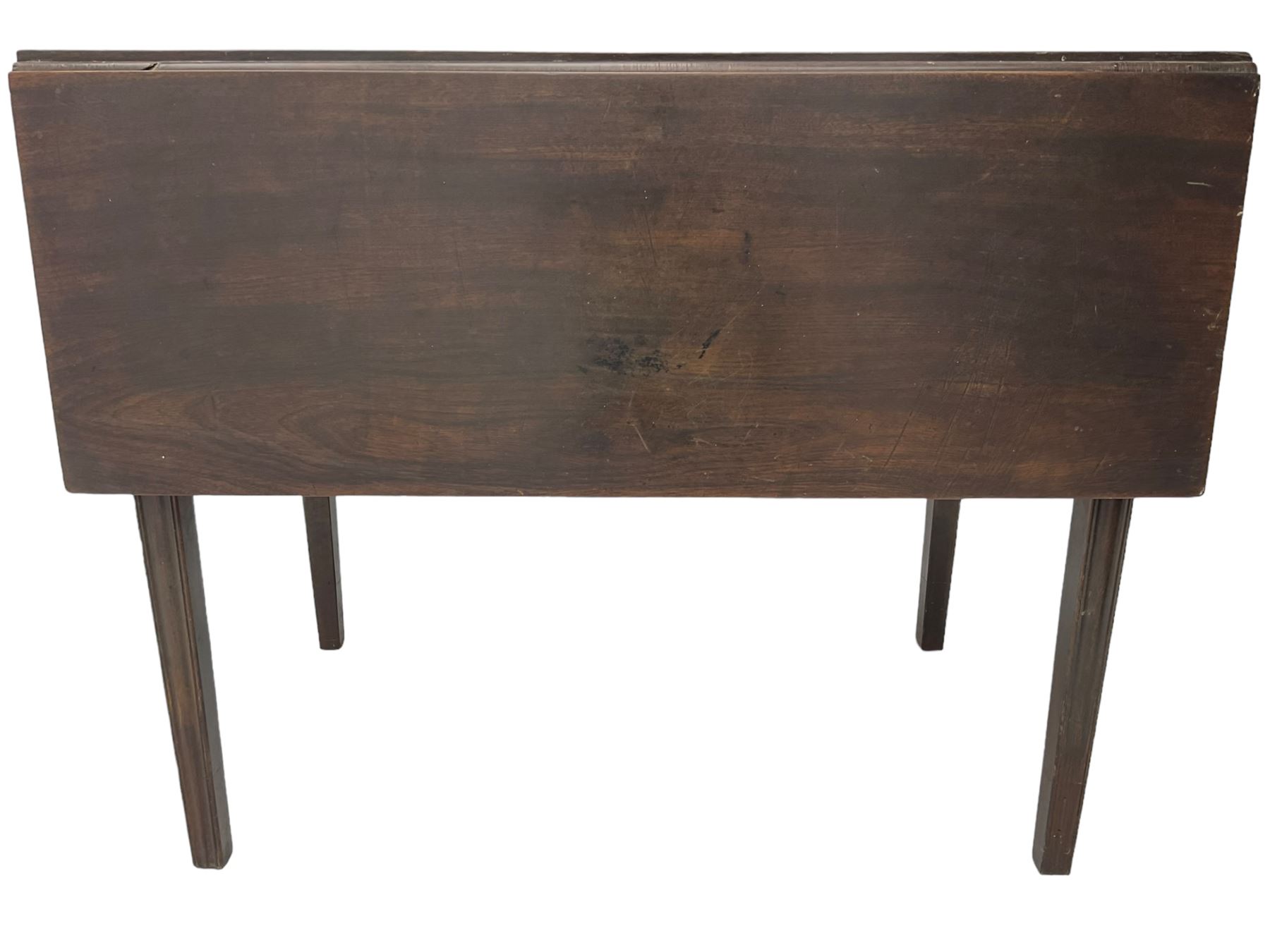 George III mahogany Pembroke table, drop-leaf rectangular top over single drawer, on square tapering moulded supports